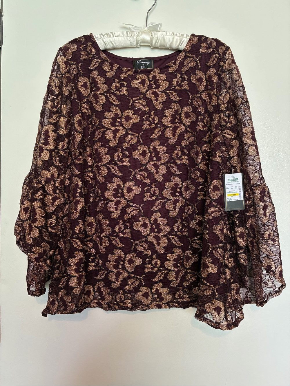 ECI Burgundy Blouse with Metallic Gold Floral Lace